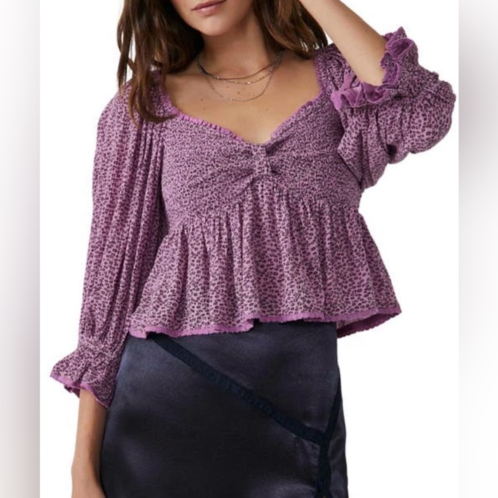 Free People Brittnee Smocked Peplum Blouse Women's‎ S Purple Print Puff Sleeve